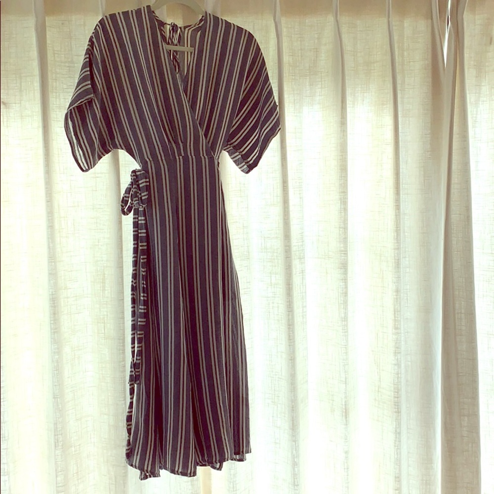 Olivaceous Blue/White Midi Wrap Dress